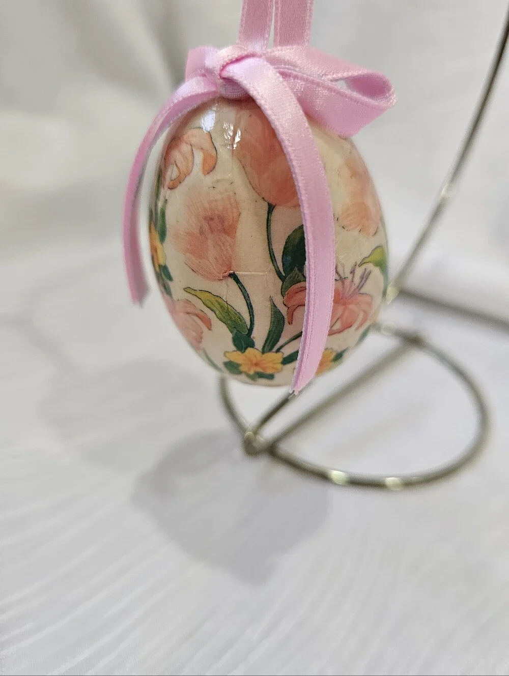 Vintage Paper Mache Pink Floral Hanging Egg Ornament